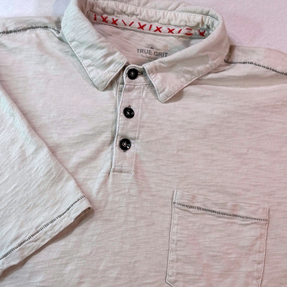 True Grit Polo XL Grey Slub Short Sleeve Pocket Preppy Casual Comfy 100% Cotton